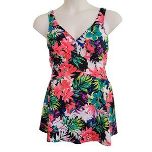Maxine Hollywood Vintage 16 Bathing Suit 1 Pc Swim Tropical Pink Purple Floral T